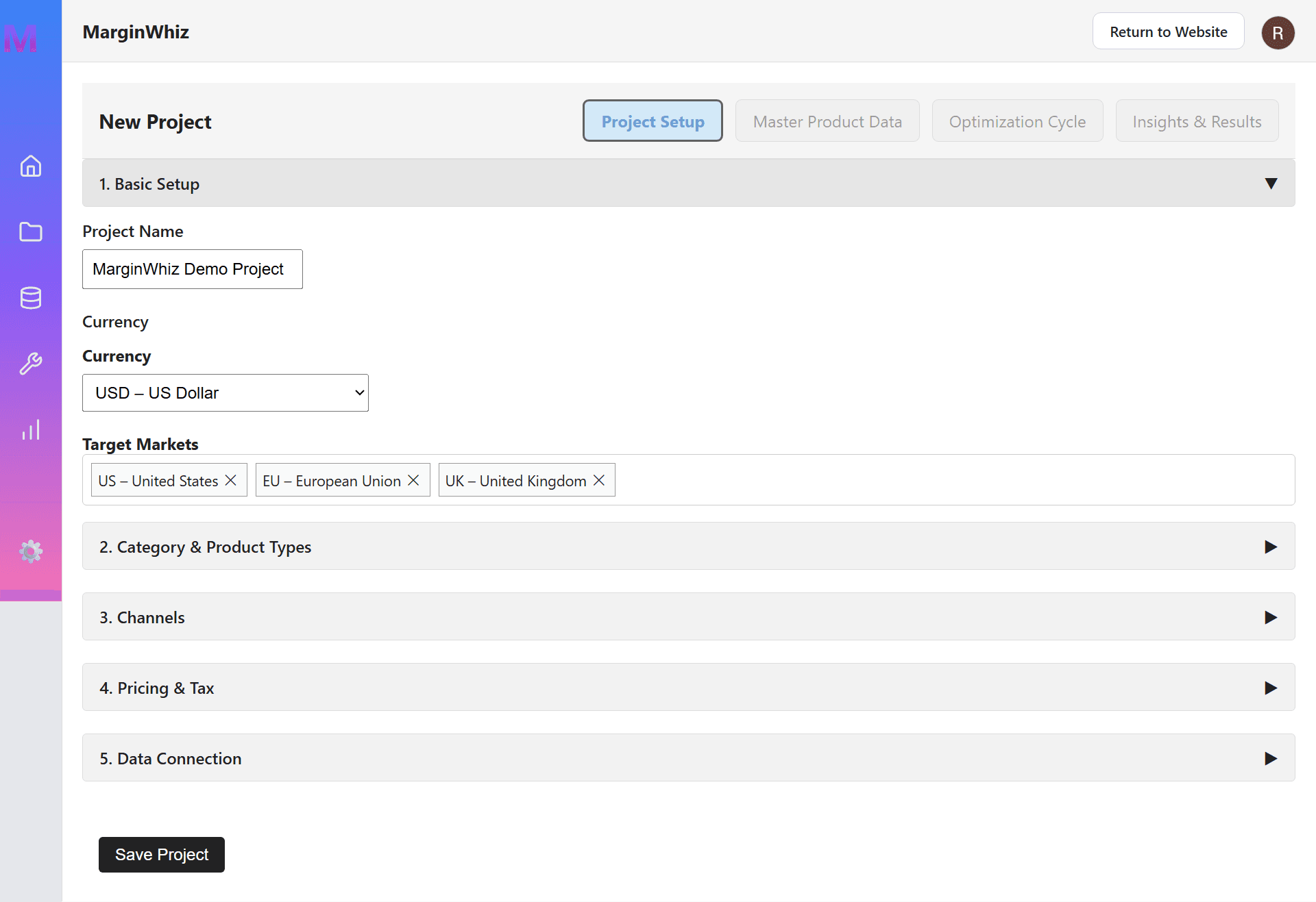 Project Setup Screen